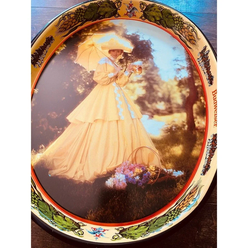 Budweiser Beer Serving Tray - 1982 Woman In Yellow Dress - VINTAGE